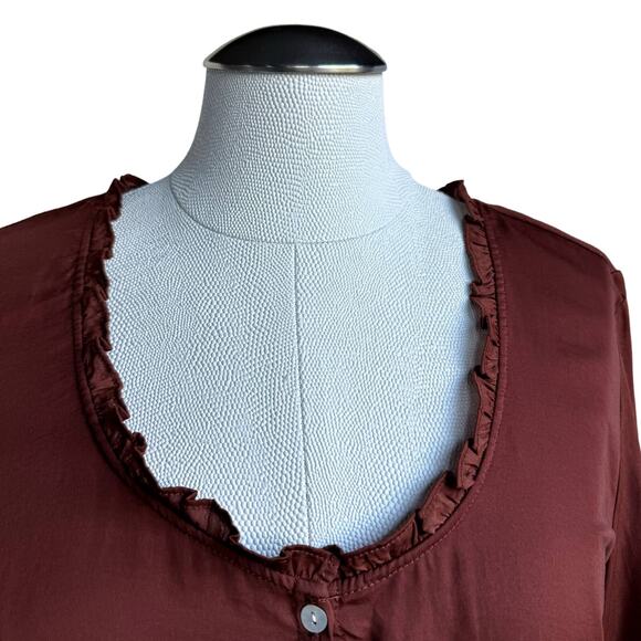 Dolan Womens Blouse Small Ruffled Neck Button Down Long Sleeve Top Brown Casual - Picture 2 of 10